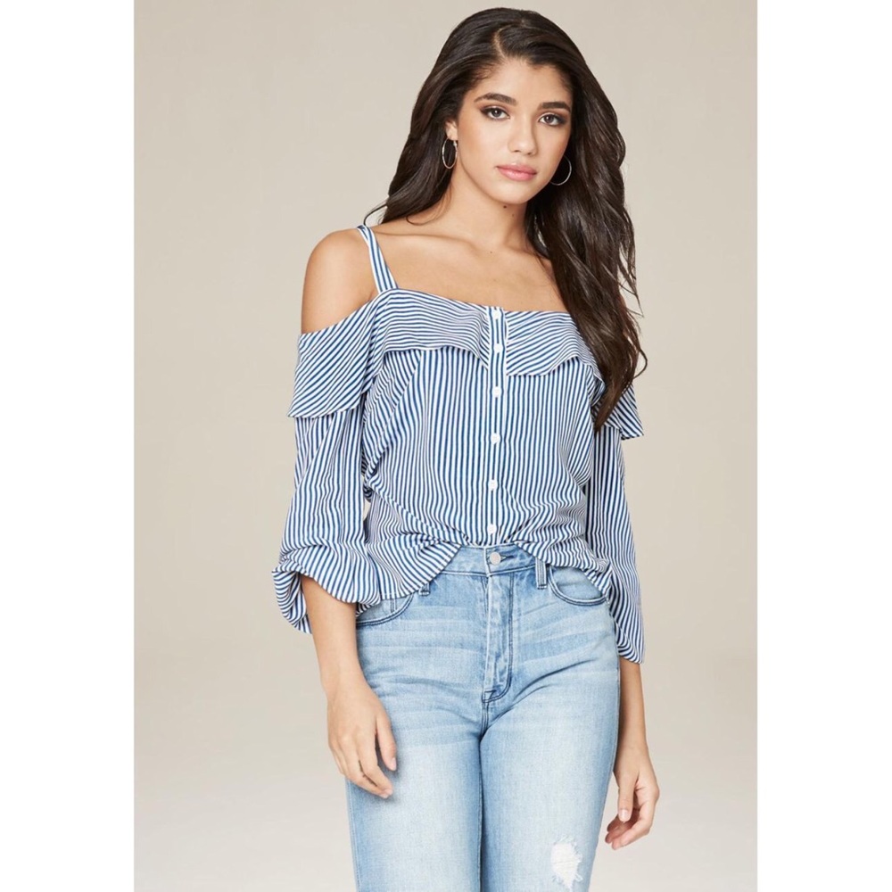 Bebe Navy Blue Striped Cold Shoulder Top